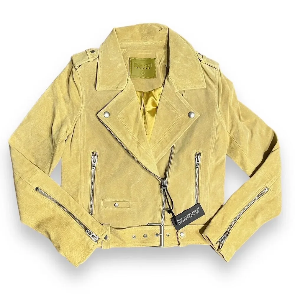 Blank‎ NYC Jacket WMNS S Yellow Suede Leather Moto Bright Colorful Statement Zip